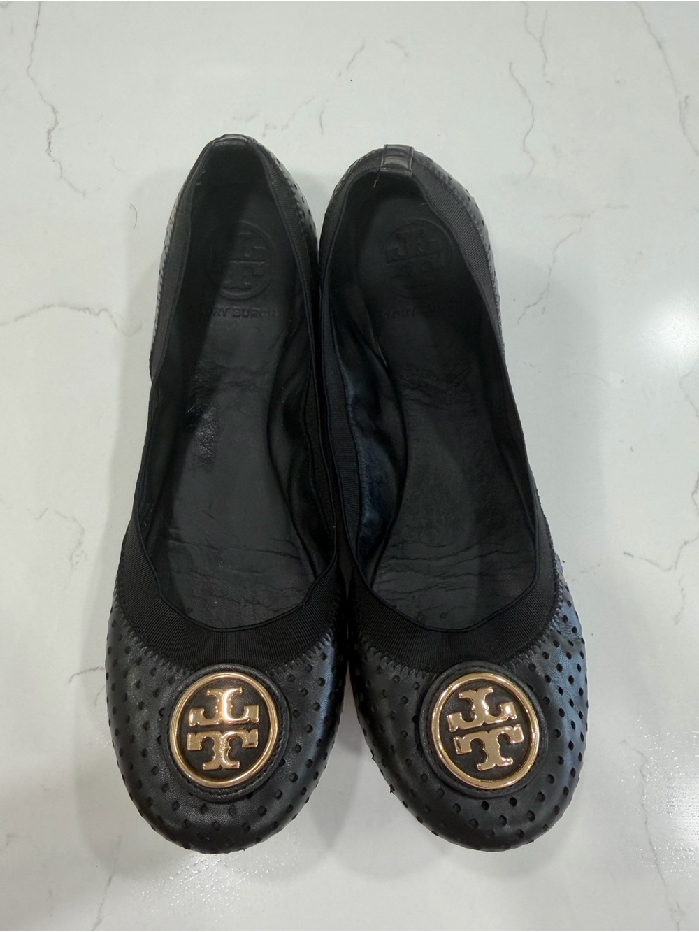 Tory Burch Black Perforated Reva Ballet Flats with Gold Logo